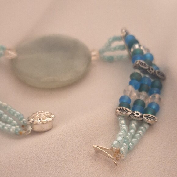 Artisan Beaded 3 Strand Green Blue Gemstone Frosted Glass and Crystal Bracelet - Picture 6 of 6